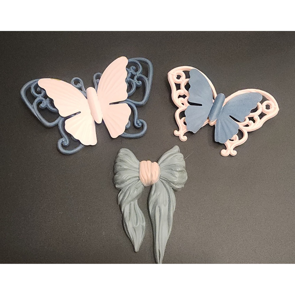 Vintage Syroco Butterfly and Bow Wall Decor Set 3pc Mid Century Pink Blue Grey